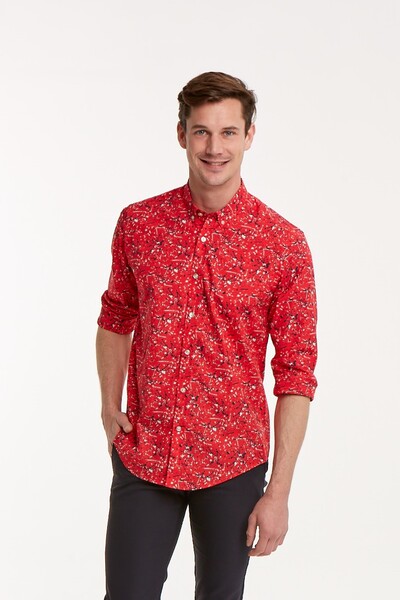 VOLTAJ - Красная приталенная мужская рубашка из хлопка с рисунком