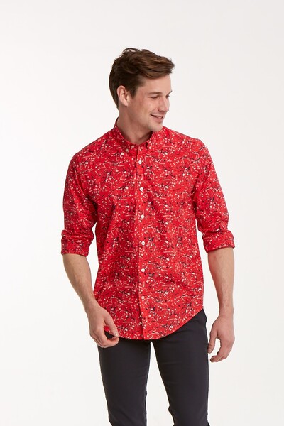 VOLTAJ - Красная приталенная мужская рубашка из хлопка с рисунком (1)