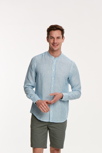 VOLTAJ - Синяя белая полосатая мужская рубашка с льняным воротником и воротником-стойкой