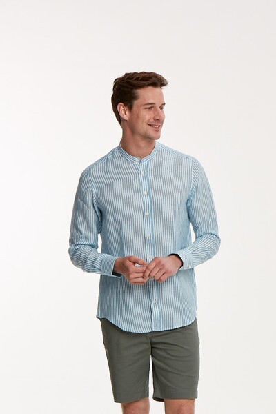Синяя белая полосатая мужская рубашка с льняным воротником и воротником-стойкой - Thumbnail