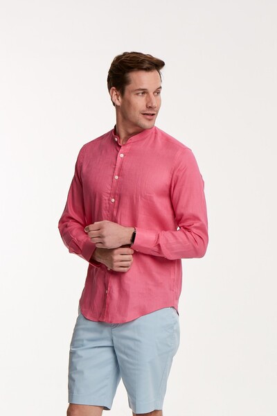 VOLTAJ - Льняная розовая приталенная мужская рубашка