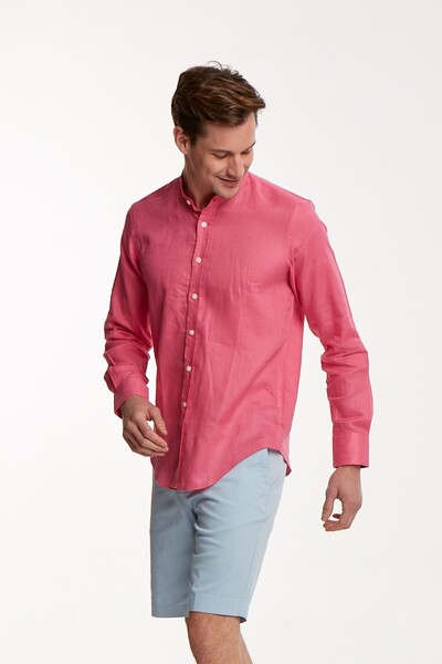 VOLTAJ - Льняная розовая приталенная мужская рубашка (1)