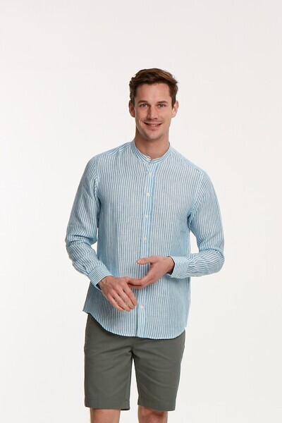 Синяя белая полосатая мужская рубашка с льняным воротником и воротником-стойкой - Thumbnail