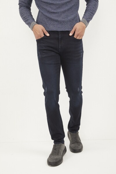 VOLTAJ - Темно-синие мужские джинсы приталенного кроя с эффектом износа лайкры (1)