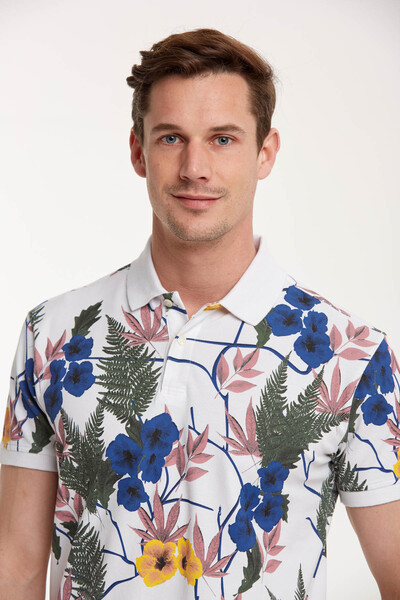 Мужская футболка-поло с цветочным принтом - Thumbnail