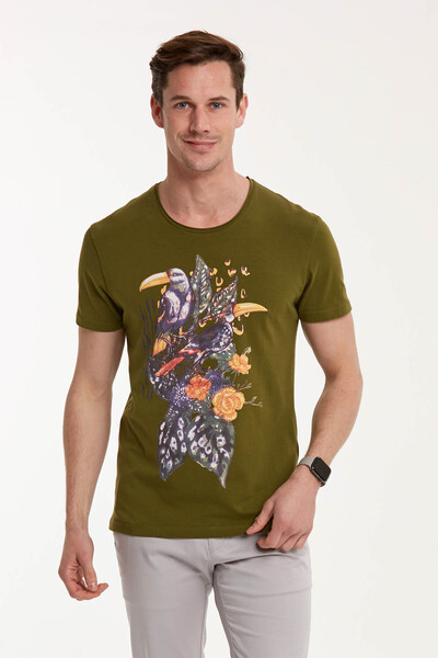 VOLTAJ - Мужская футболка с круглым вырезом и цветочным принтом с птицами