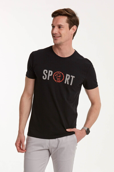 Мужская футболка с круглым вырезом и спортивным принтом - Thumbnail