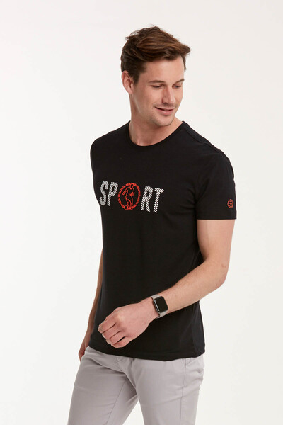 Мужская футболка с круглым вырезом и спортивным принтом - Thumbnail