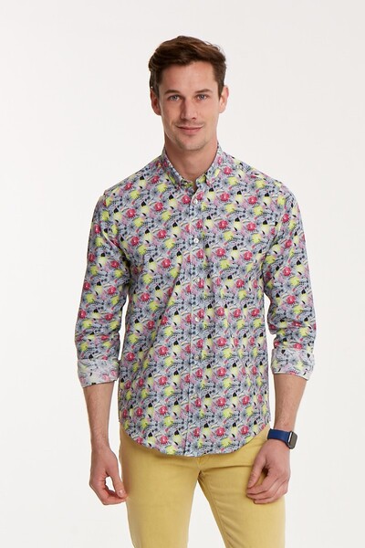 Серая приталенная мужская рубашка из хлопка с цветочным узором - Thumbnail