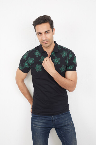 VOLTAJ - Мужская футболка с воротником-поло с половинным цветочным узором (1)