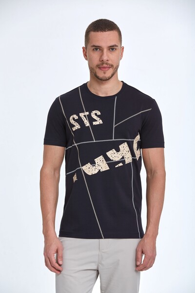 Asymmetrical Printed Cotton Crew Neck T-Shirt - Thumbnail