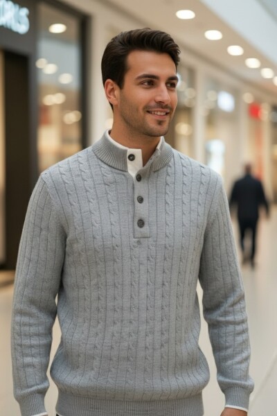 Ayon Gray Color Button-Down Collar Hair Knit Cashmere Sweater - 1