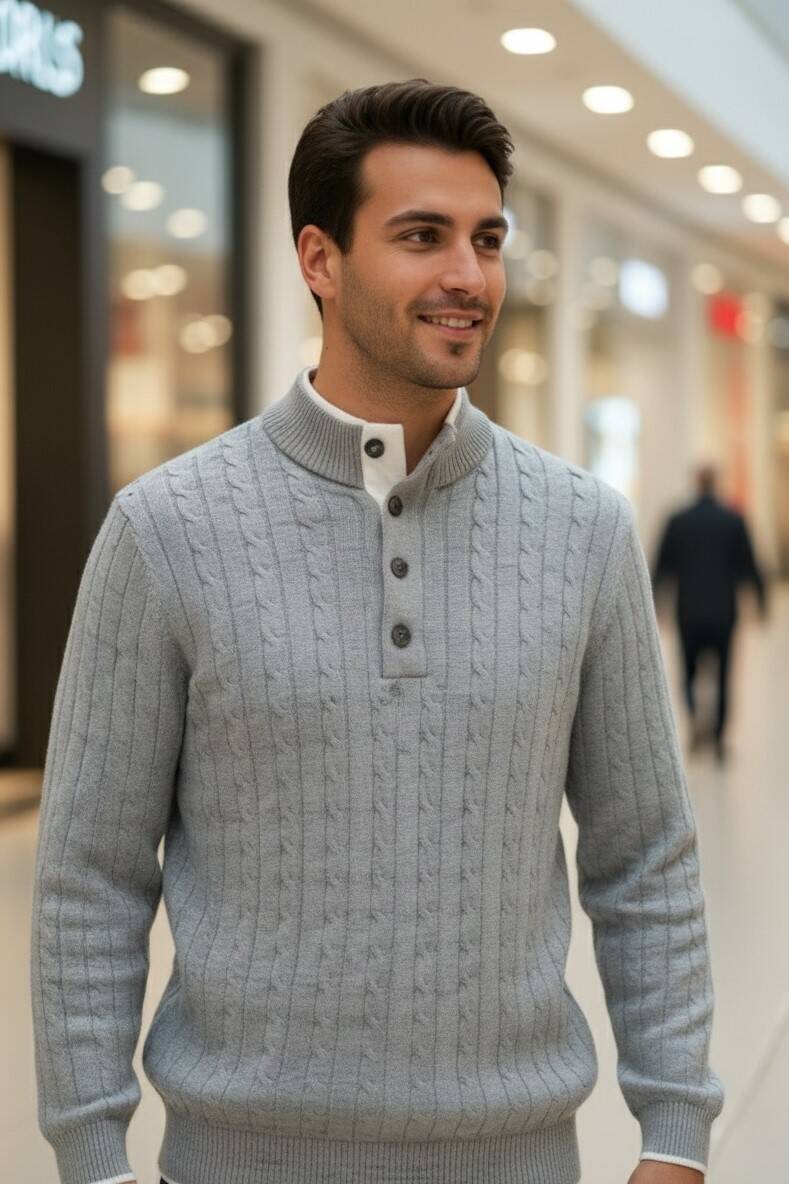 Ayon Gray Color Button-Down Collar Hair Knit Cashmere Sweater - 1