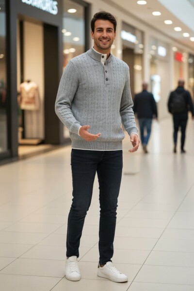 Ayon Gray Color Button-Down Collar Hair Knit Cashmere Sweater - 4