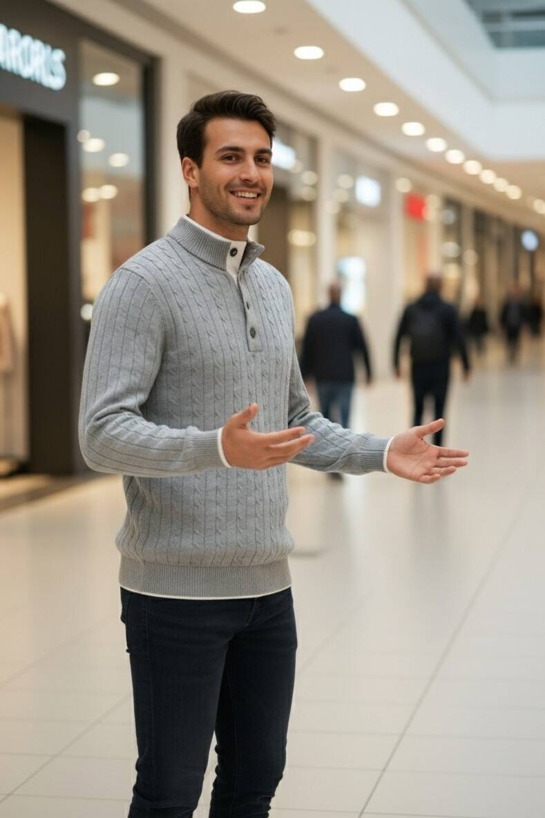 Ayon Gri Renk Düğmeli Yaka Saç Örgü Kaşmir Triko - 2
