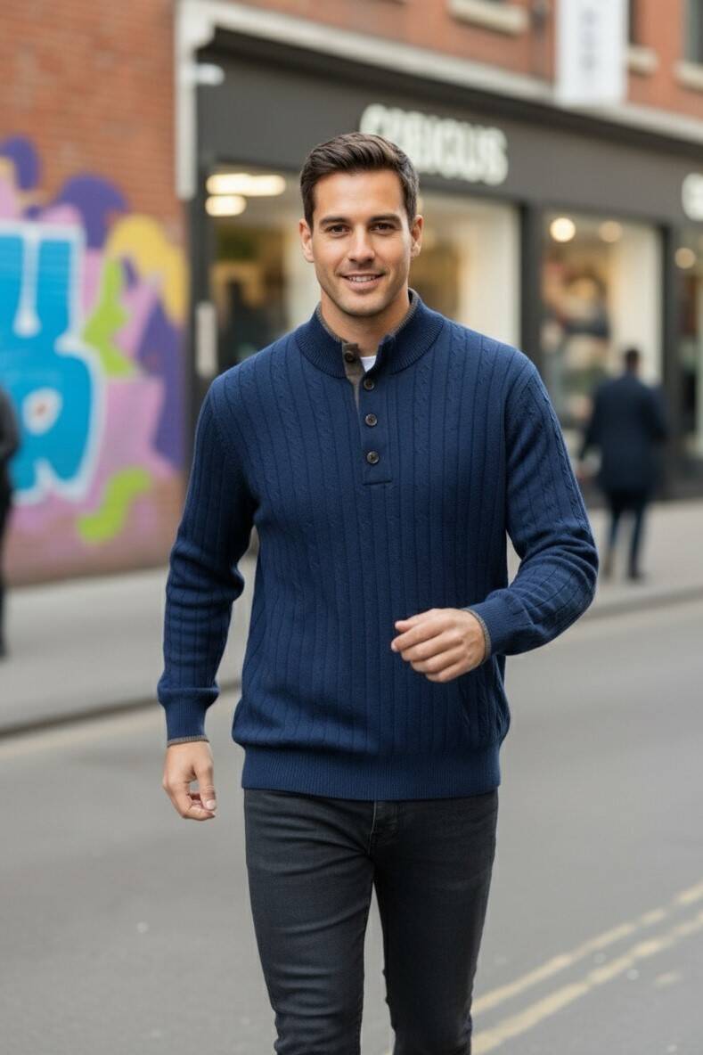 Ayon Navy Blue Button-Down Collar Hair Knit Cashmere Sweater - 1