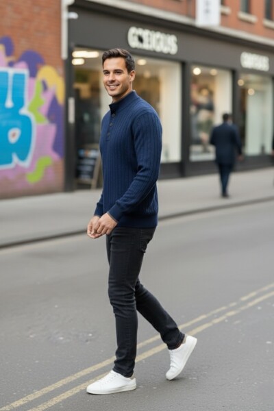 Ayon Navy Blue Button-Down Collar Hair Knit Cashmere Sweater - 2