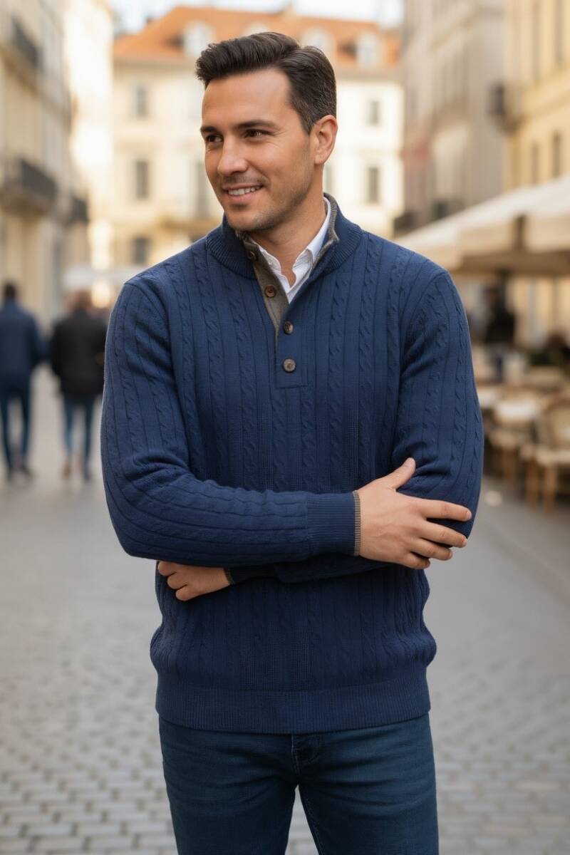 Ayon Navy Blue Button-Down Collar Hair Knit Cashmere Sweater - 3