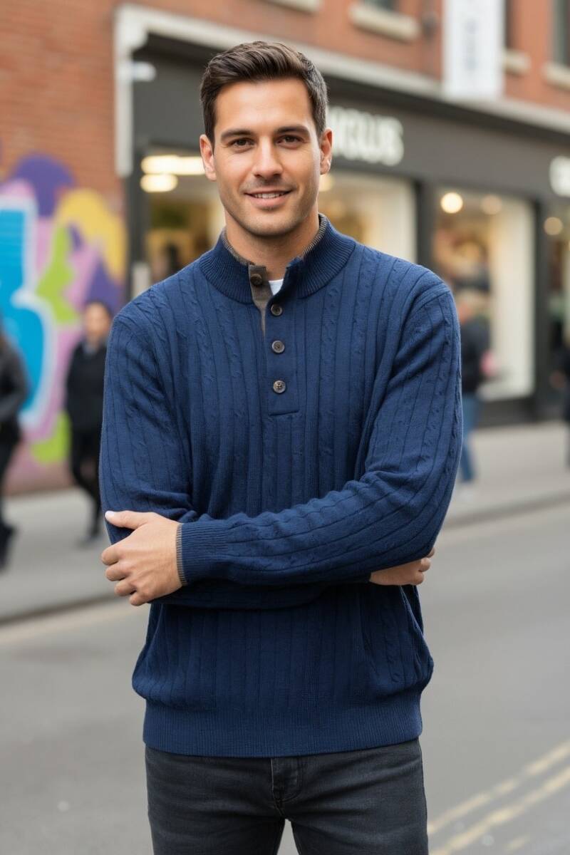 Ayon Navy Blue Button-Down Collar Hair Knit Cashmere Sweater - 4
