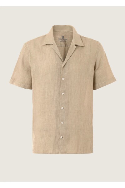 Breeze Beige Color Short Sleeve Pure Linen Shirt - 1