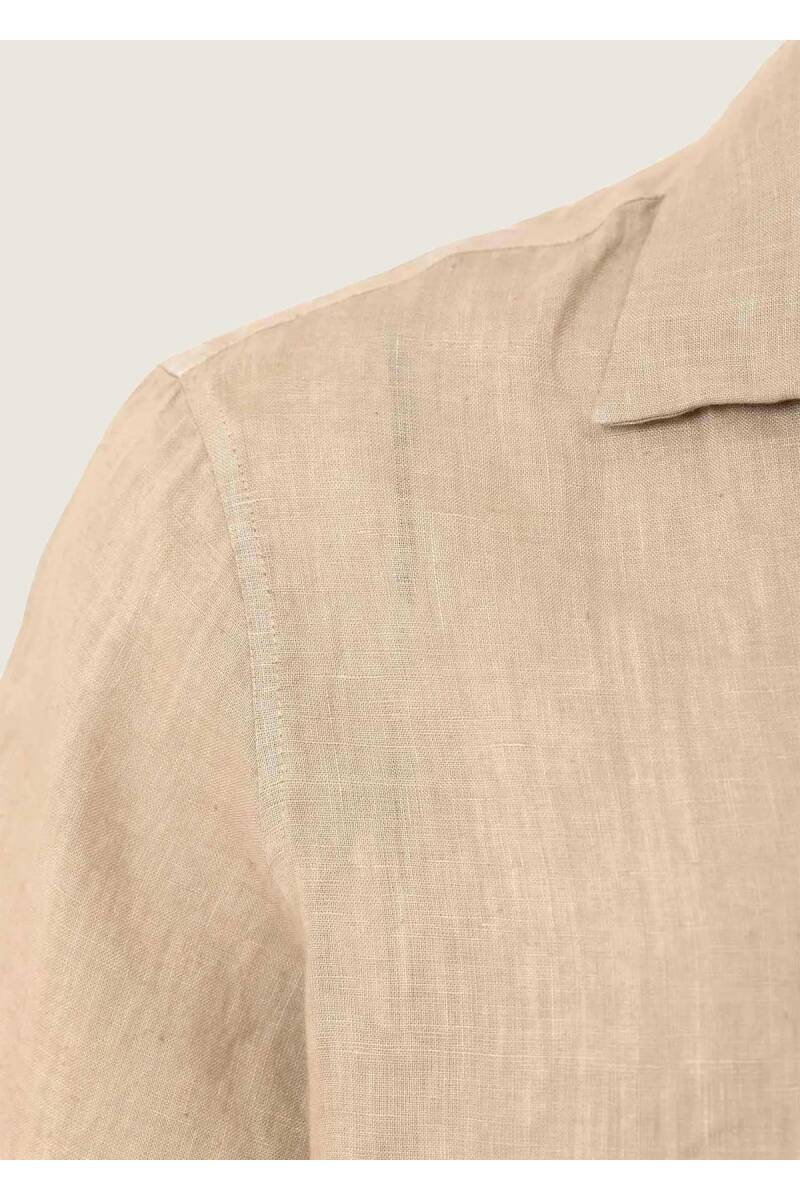 Breeze Beige Color Short Sleeve Pure Linen Shirt - 3