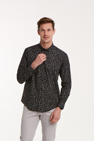 VOLTAJ - Черная приталенная мужская рубашка из хлопка с рисунком морского конька