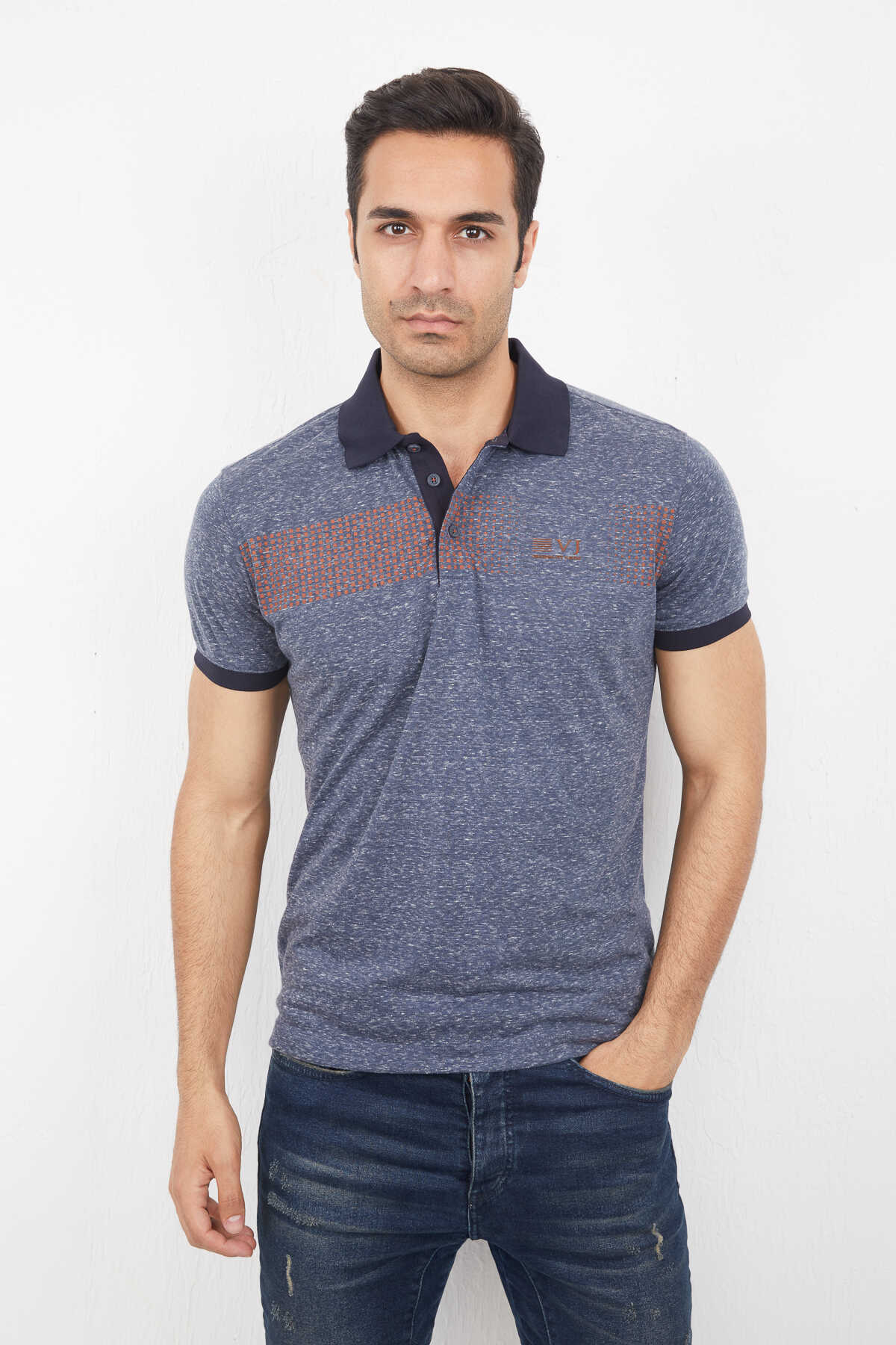 Chest Printed Polo Neck Men's TShirt Voltaj