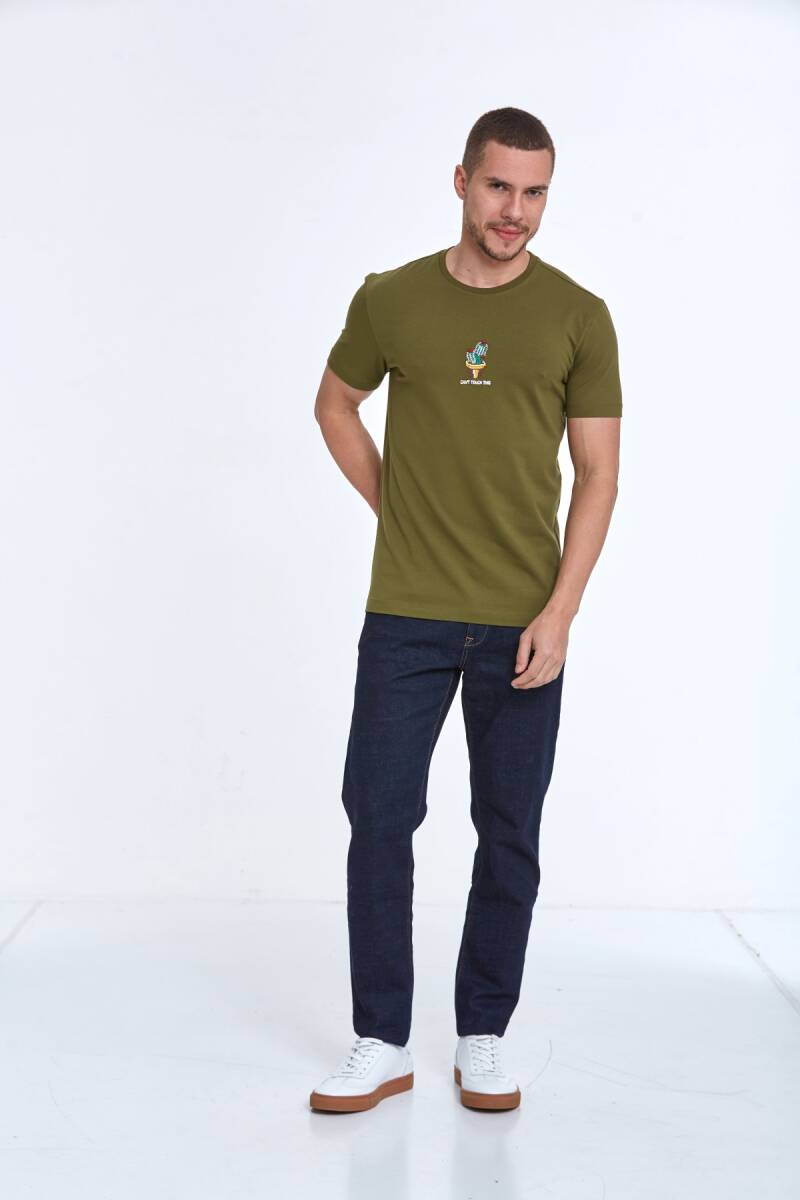 Chip Embroidered Men's T-Shirt Khaki - 2