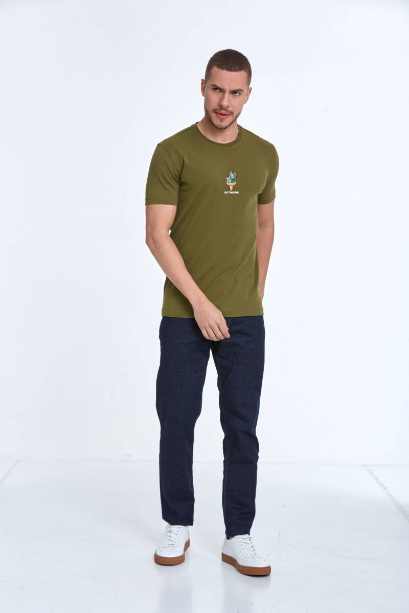 Chip Embroidered Men's T-Shirt Khaki - 3