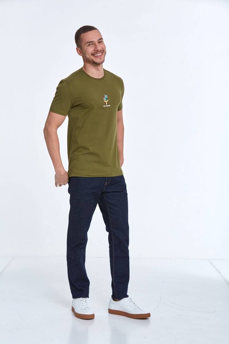 Chip Embroidered Men's T-Shirt Khaki - 4