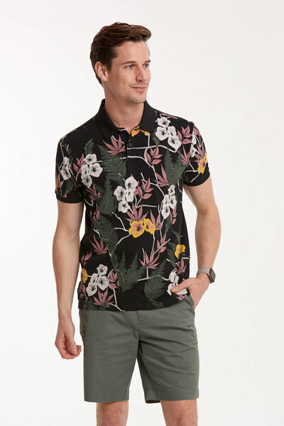 VOLTAJ - Çiçek Deseni Baskılı Erkek Polo Tişört
