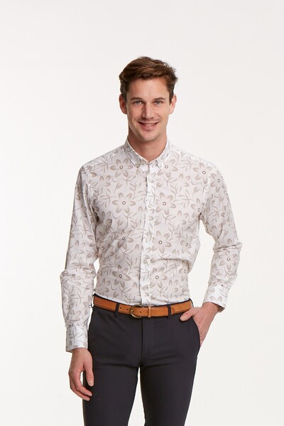 VOLTAJ - Çiçek Desenli Pamuklu Beyaz Slim Fit Erkek Gömlek
