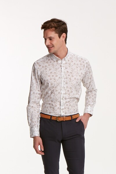 VOLTAJ - Çiçek Desenli Pamuklu Beyaz Slim Fit Erkek Gömlek (1)
