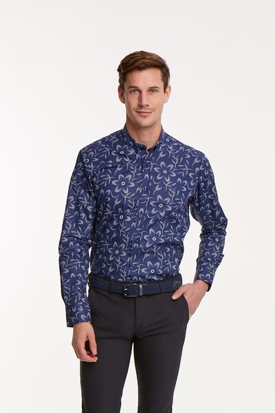 VOLTAJ - Çiçek Desenli Pamuklu Lacivert Slim Fit Erkek Gömlek
