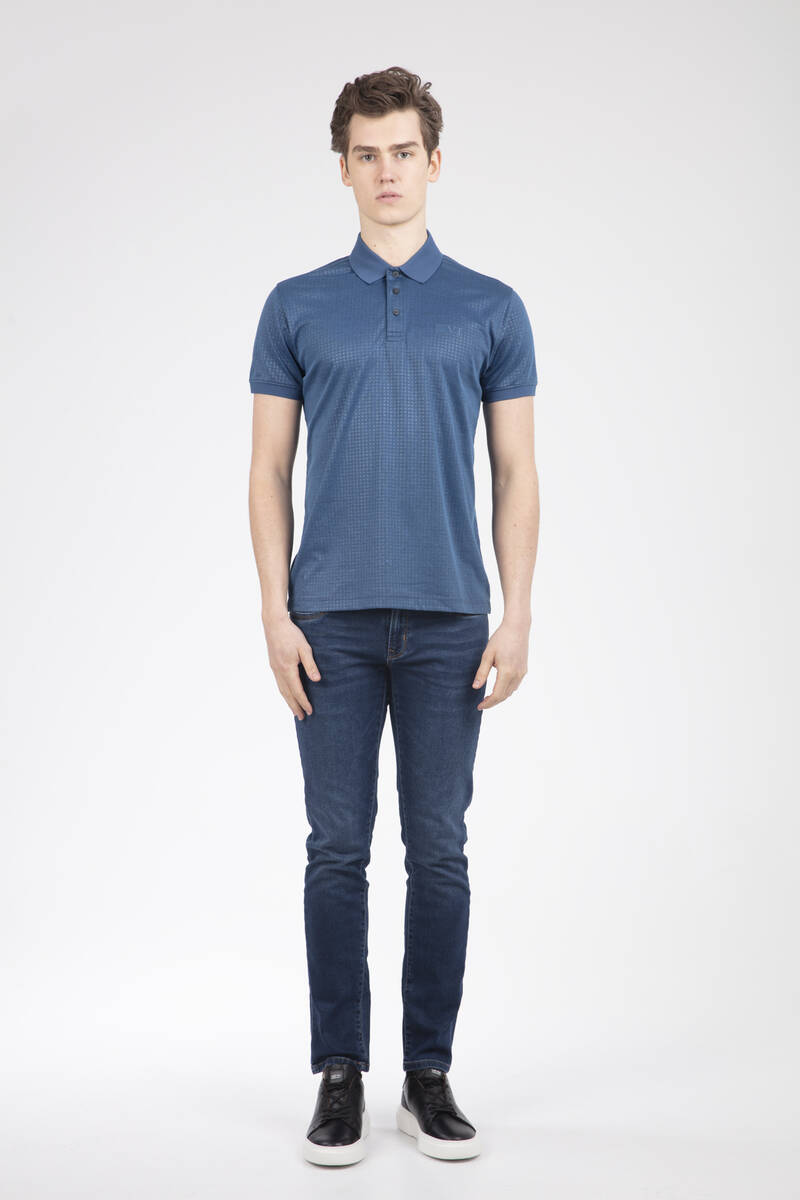 Çizgi ve VJ Baskılı Polo Yaka Erkek Tişört - 10