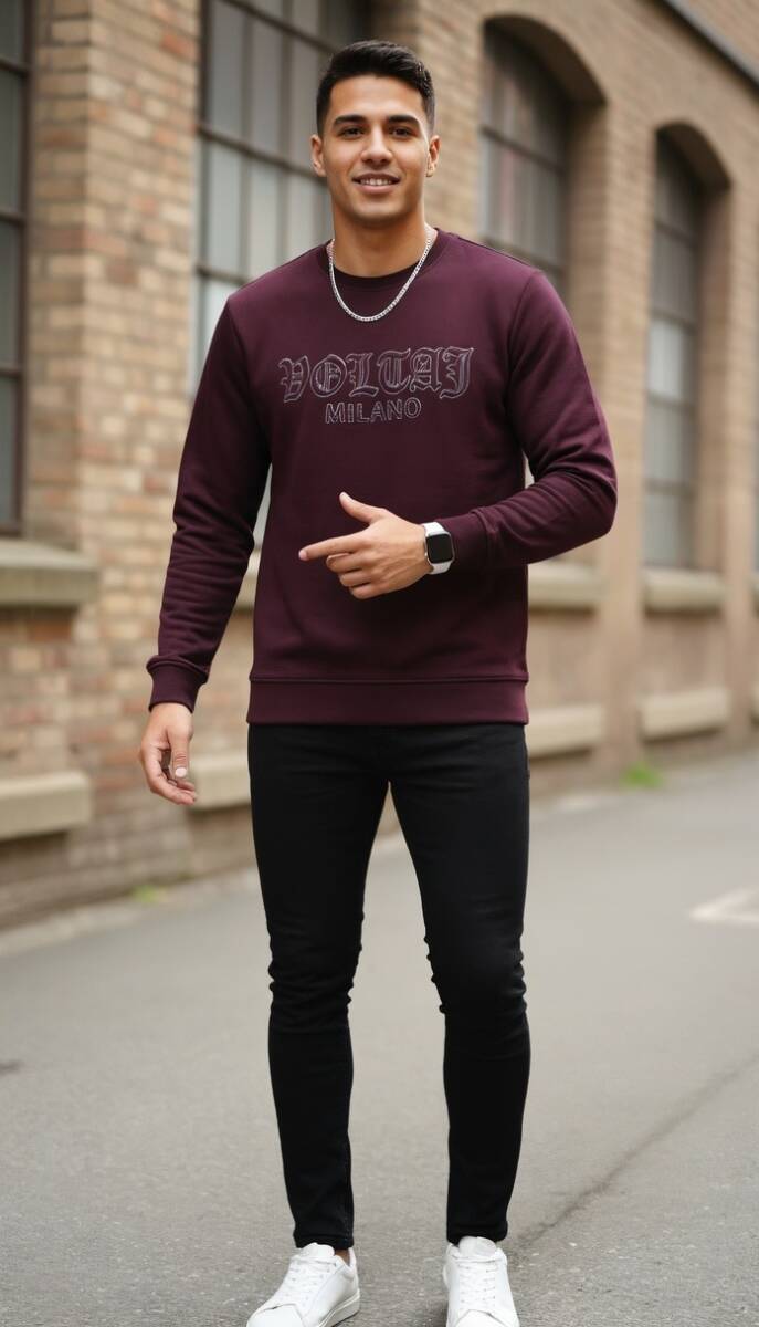 Cora Bisiklet Yaka Erkek Sweatshirt Bordo - 2