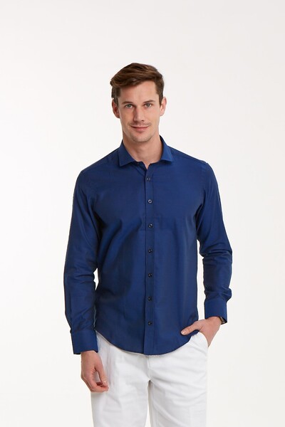 VOLTAJ - Cotton Slim Fit Dark Blue Men's Shirt
