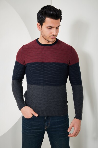 Cross Three Color Patterned Round Neck Men's Knitwear Sweater - Thumbnail