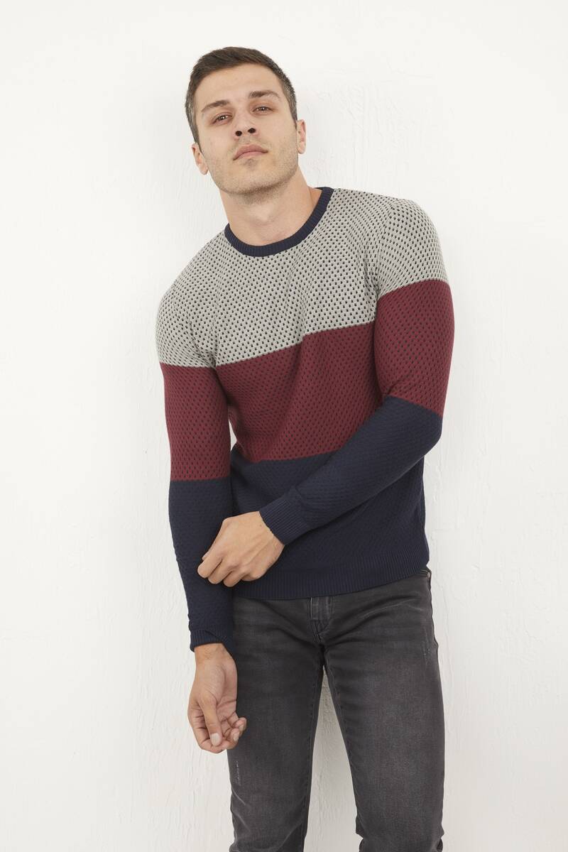 Cross Three Color Patterned Round Neck Men's Knitwear Sweater