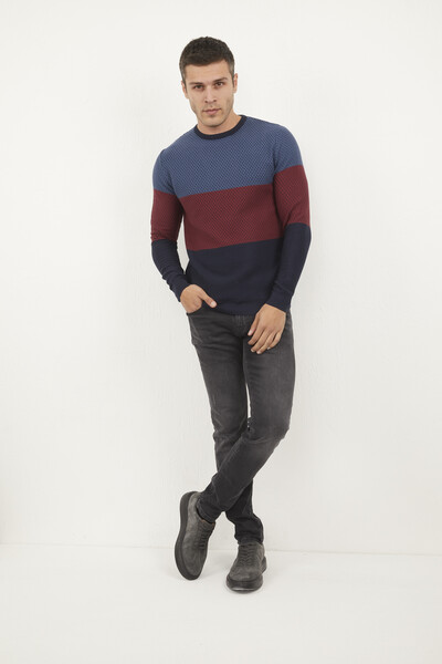 Cross Three Color Patterned Round Neck Men's Knitwear Sweater - Thumbnail