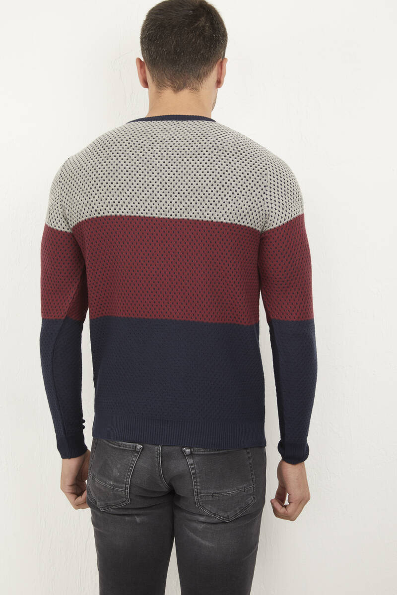Cross Three Color Patterned Round Neck Men's Knitwear Sweater