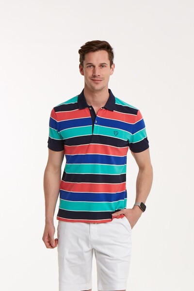Dark Blue Orange Sax Turquoise Striped Polo Neck T-Shirt - 1