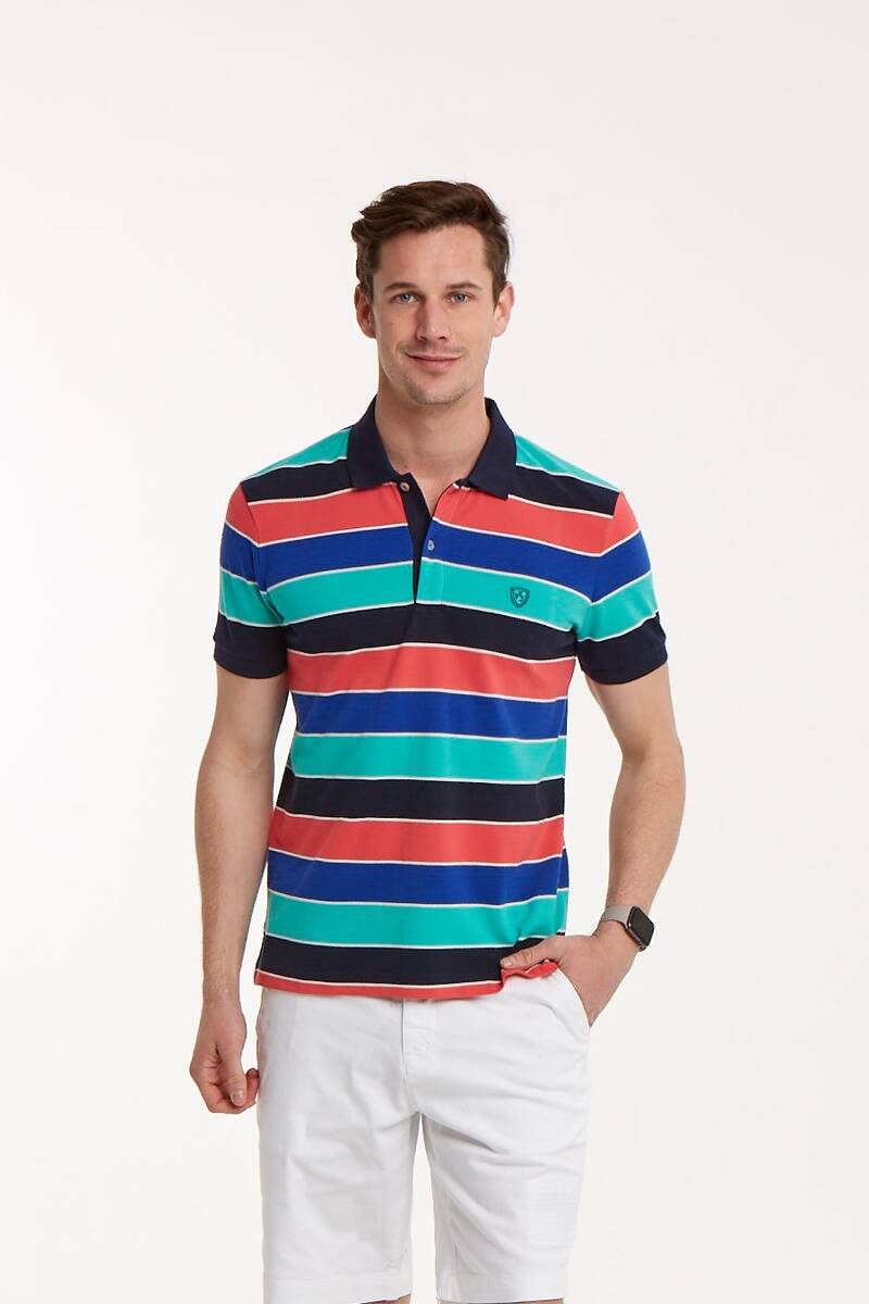 Dark Blue Orange Sax Turquoise Striped Polo Neck T-Shirt - 1