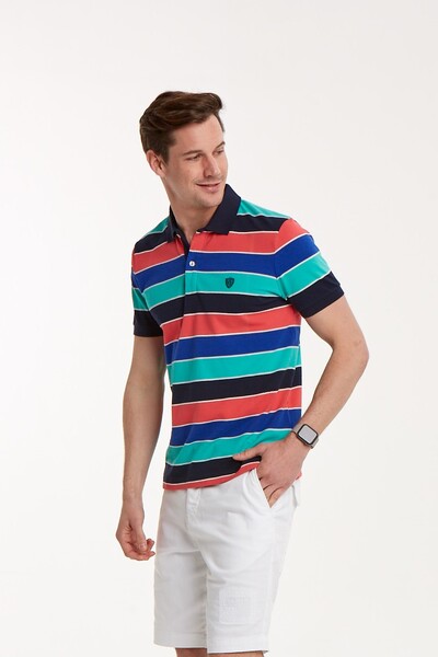 Dark Blue Orange Sax Turquoise Striped Polo Neck T-Shirt - Thumbnail