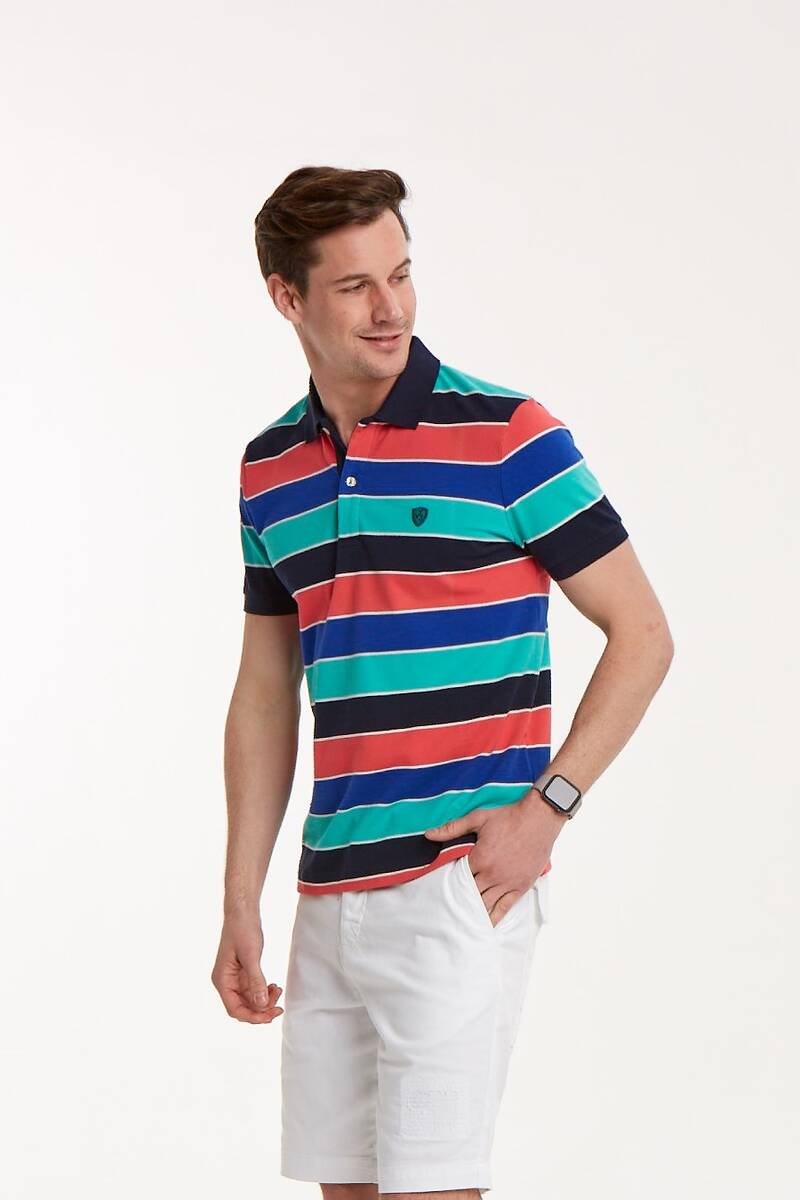 Dark Blue Orange Sax Turquoise Striped Polo Neck T-Shirt - 3