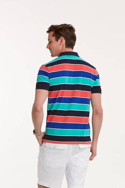 Dark Blue Orange Sax Turquoise Striped Polo Neck T-Shirt - 2