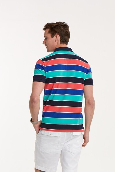 Dark Blue Orange Sax Turquoise Striped Polo Neck T-Shirt - Thumbnail