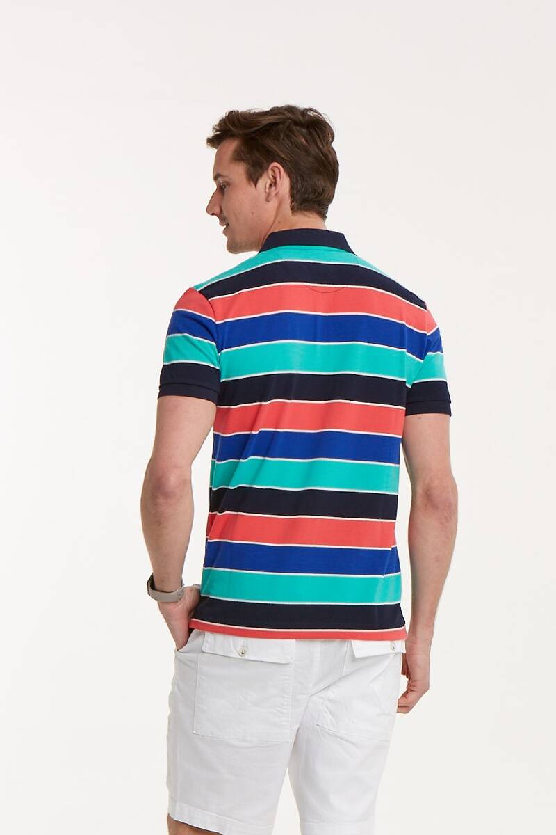 Dark Blue Orange Sax Turquoise Striped Polo Neck T-Shirt - 2