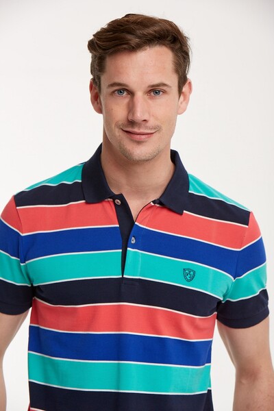 Dark Blue Orange Sax Turquoise Striped Polo Neck T-Shirt - Thumbnail