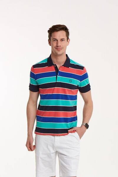 Dark Blue Orange Sax Turquoise Striped Polo Neck T-Shirt - 5